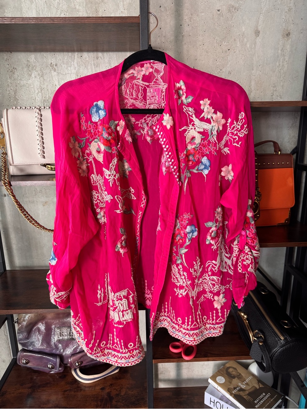 Johnny Was Fuchsia Embroidered Open-Front Tunic NWOT - Size Large